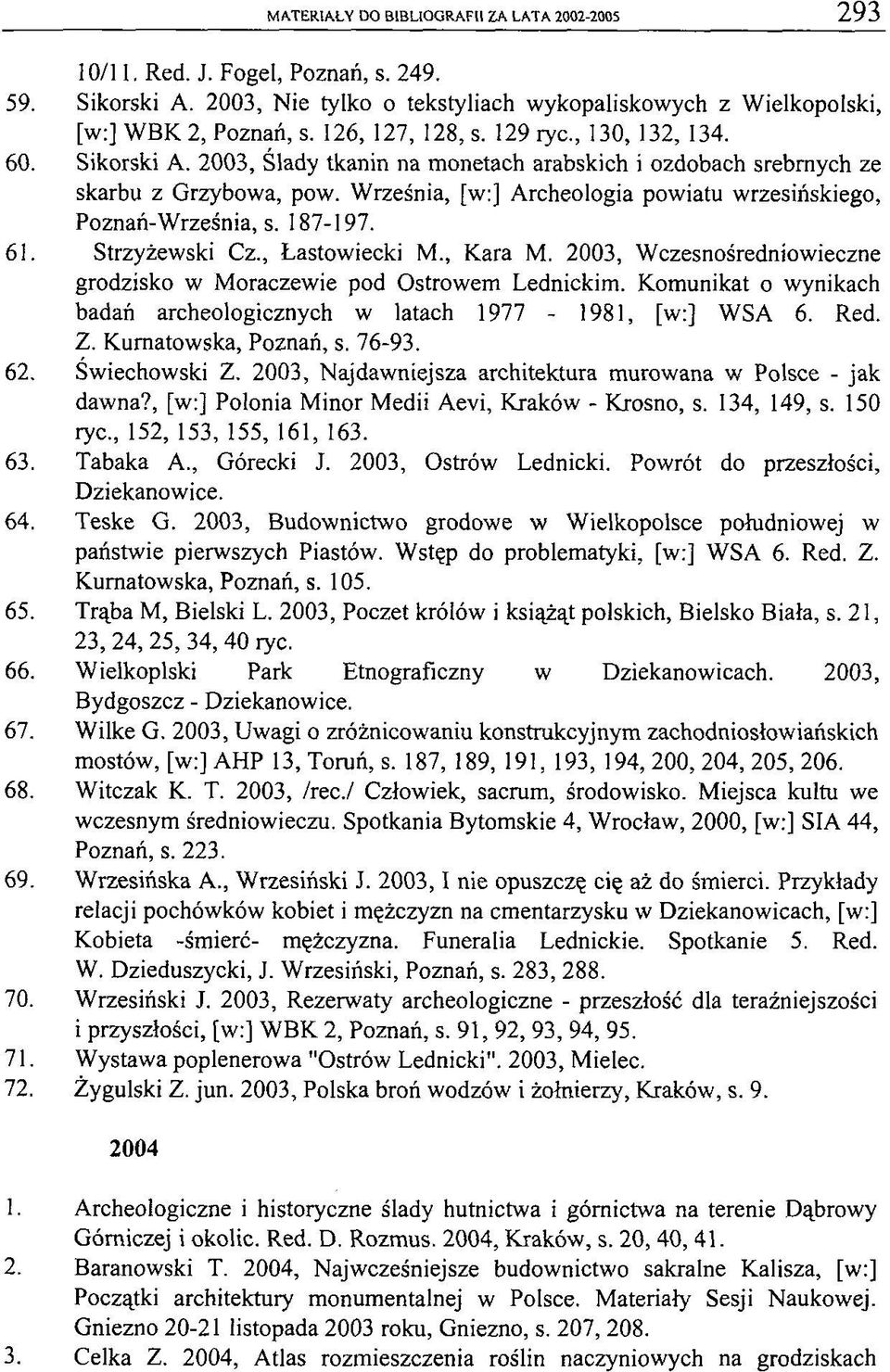 Września, [w:] Archeologia powiatu wrzesińskiego, Poznań-Września, s. 187-197. 61. Strzyżewski Cz., Łastowiecki M., Kara M. 2003, Wczesnośredniowieczne grodzisko w Moraczewie pod Ostrowem Lednickim.