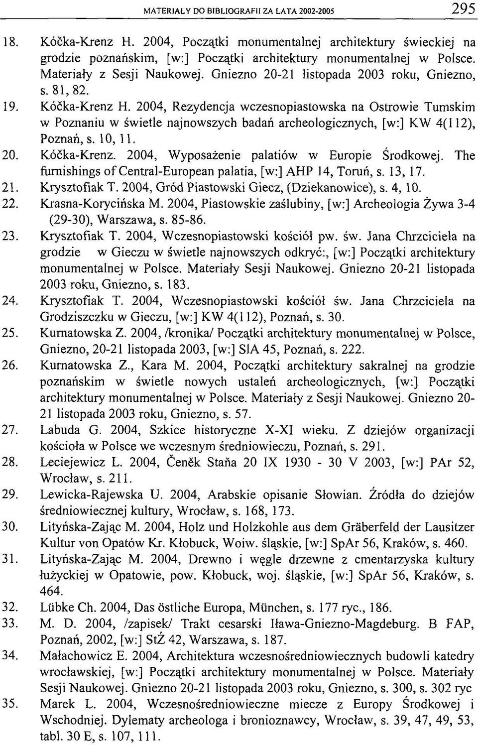 2004, Rezydencja wczesnopiastowska na Ostrowie Tumskim w Poznaniu w świetle najnowszych badań archeologicznych, [w:] KW 4(112), Poznań, s. 10, 11. 20. Kóćka-Krenz.