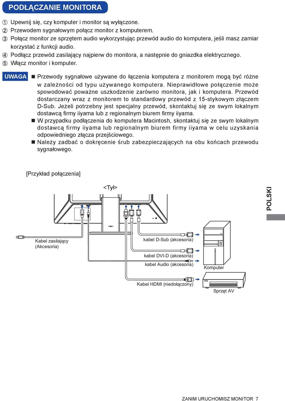 Podłącz przewód zasilający najpierw do monitora, a następnie do gniazdka elektrycznego. Włącz monitor i komputer.