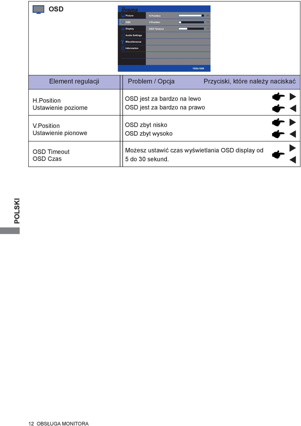 Problem / Opcja Przyciski, które należy naciskać H.Position Ustawienie poziome V.