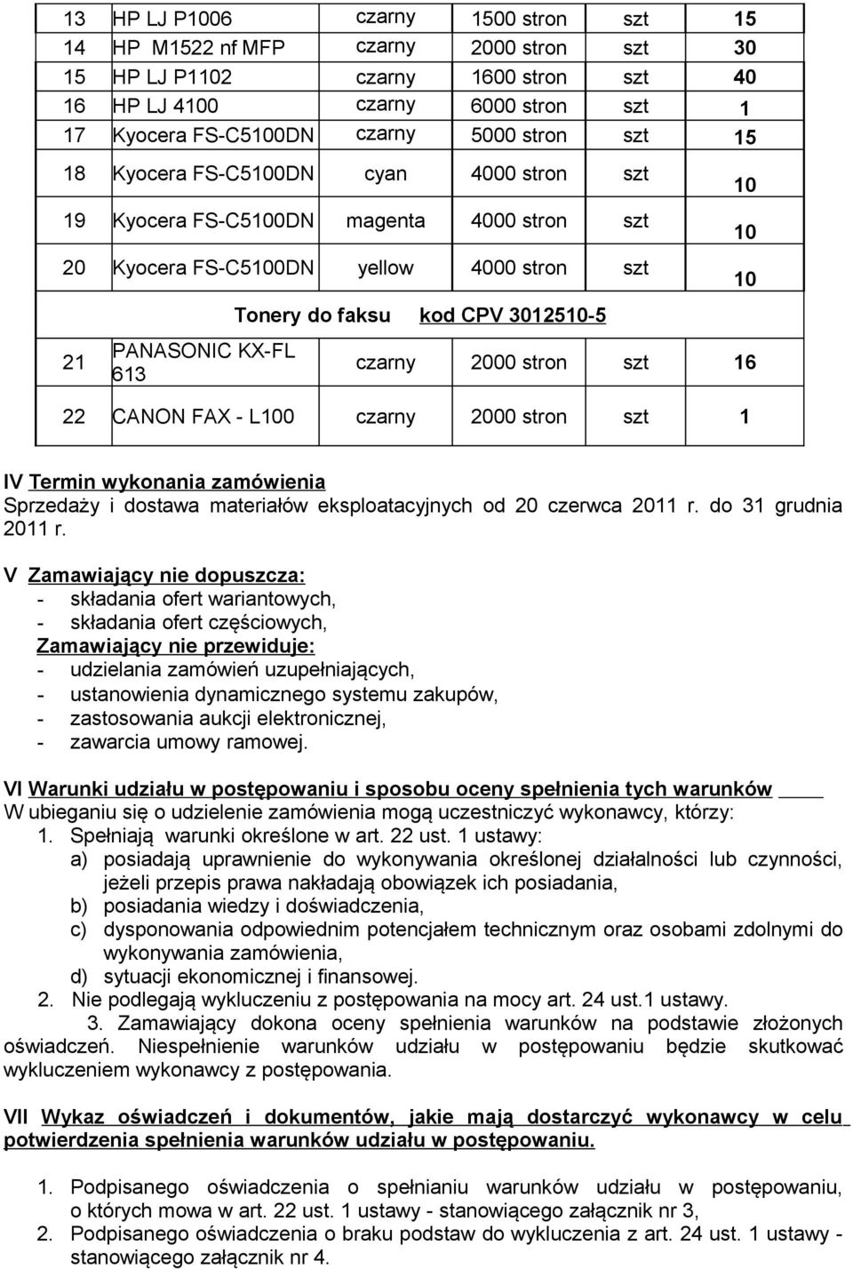 stron szt 16 22 CANON FAX - L0 czarny 2000 stron szt 1 IV Termin wykonania zamówienia Sprzedaży i dostawa materiałów eksploatacyjnych od 20 czerwca 2011 r. do 31 grudnia 2011 r.