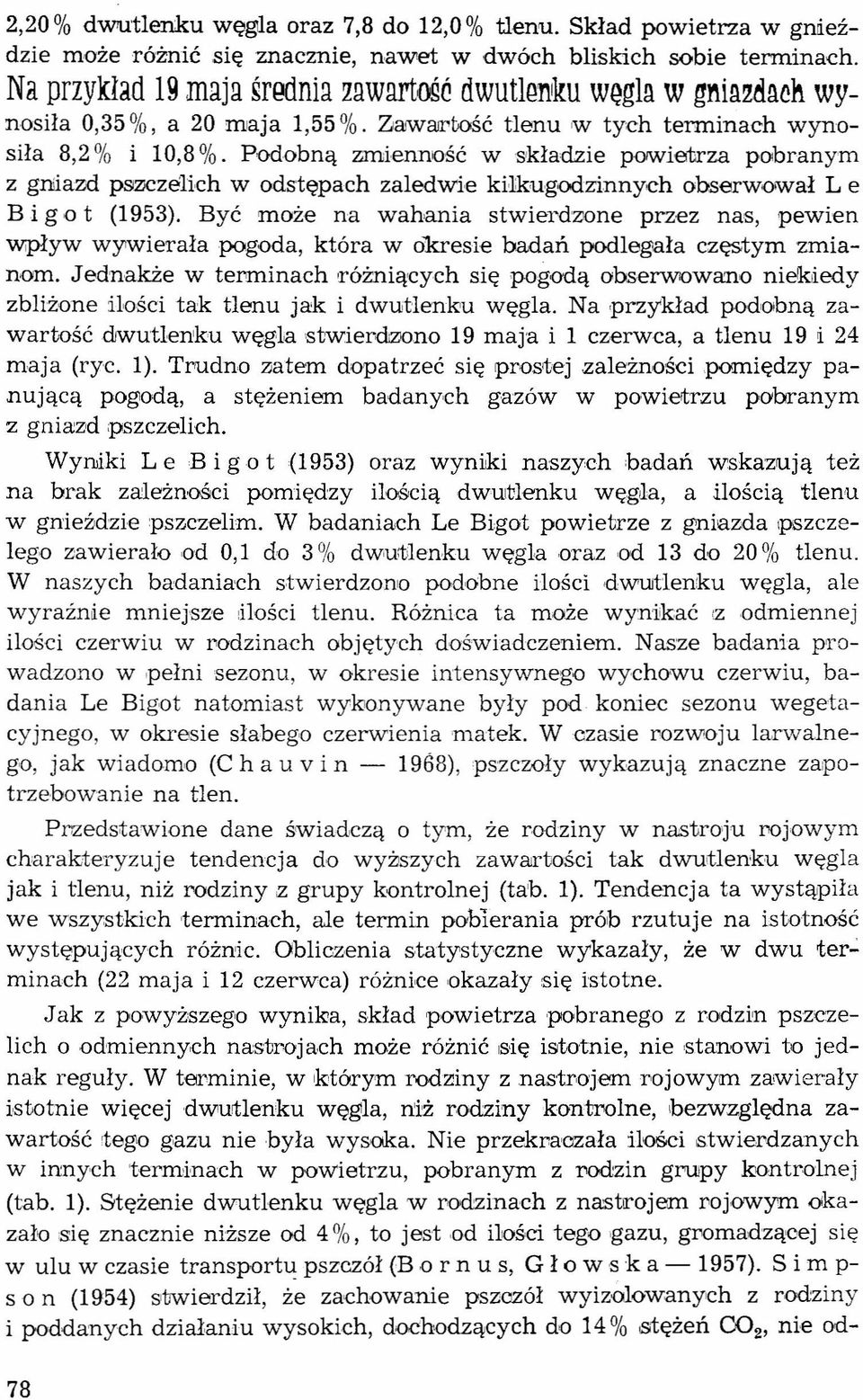 Podobną zmienność w ekładzre powietrza pobranym z grsiazd pszczelich w odstępach zaledwie kilkugodzinnych obserwował L e B i g o t (1953).
