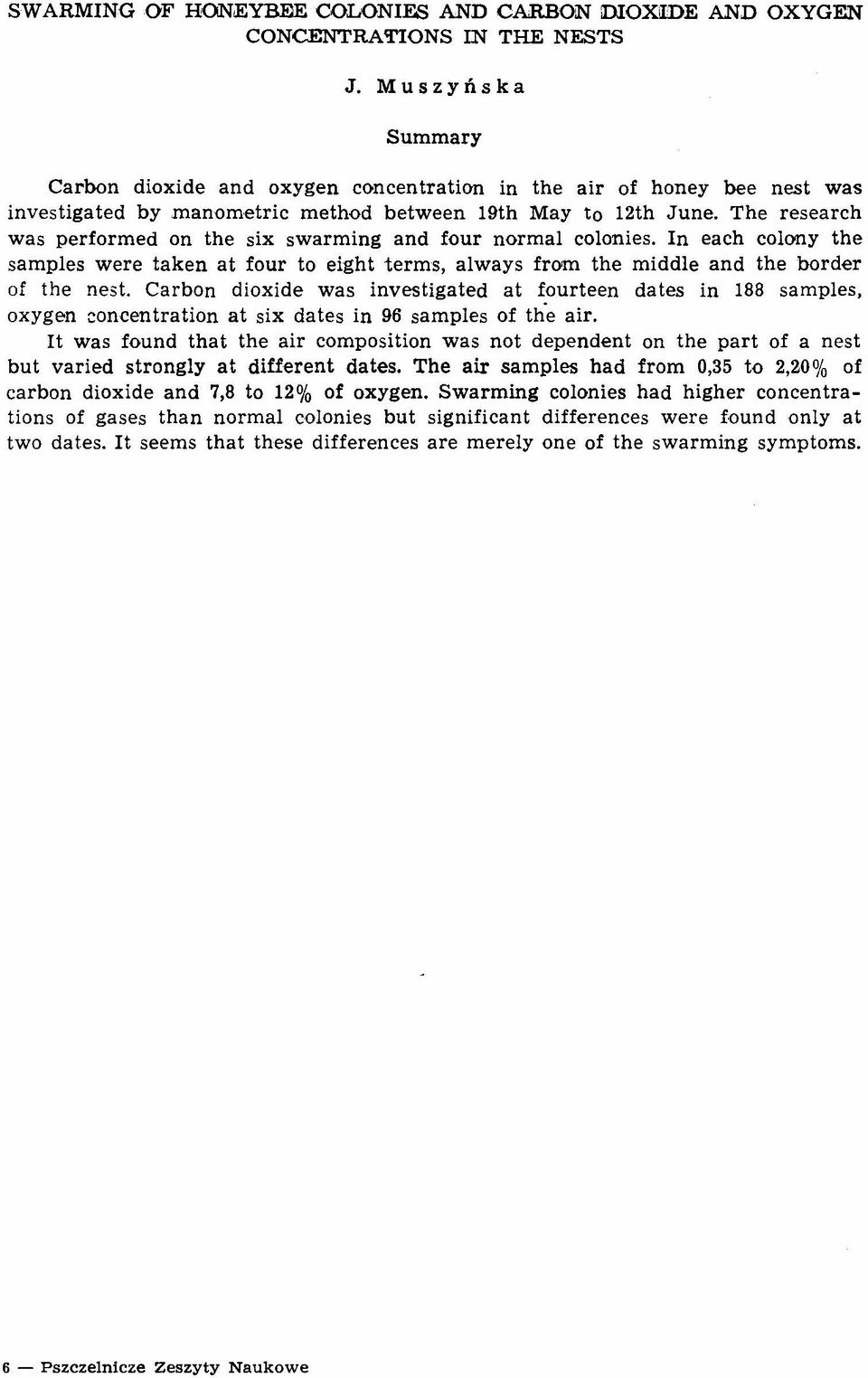 The researeh was performed on the six swarming and four normal eolonies. In eaeh celony the samples were taken at four to eight terms, always from the middle and the border of the nest.