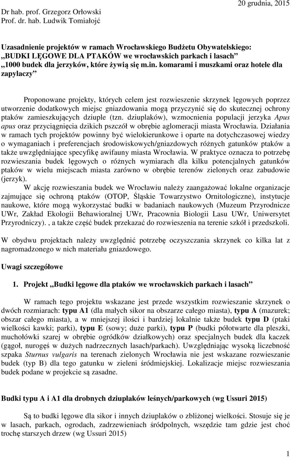 Ludwik Tomiałojć 20 grudnia, 2015 Uzasadnienie projektów w ramach Wrocławskiego Budżetu Obywatelskiego: BUDKI LĘGOWE DLA PTAKÓW we wrocławskich parkach i lasach 1000 budek dla jerzyków, które żywią