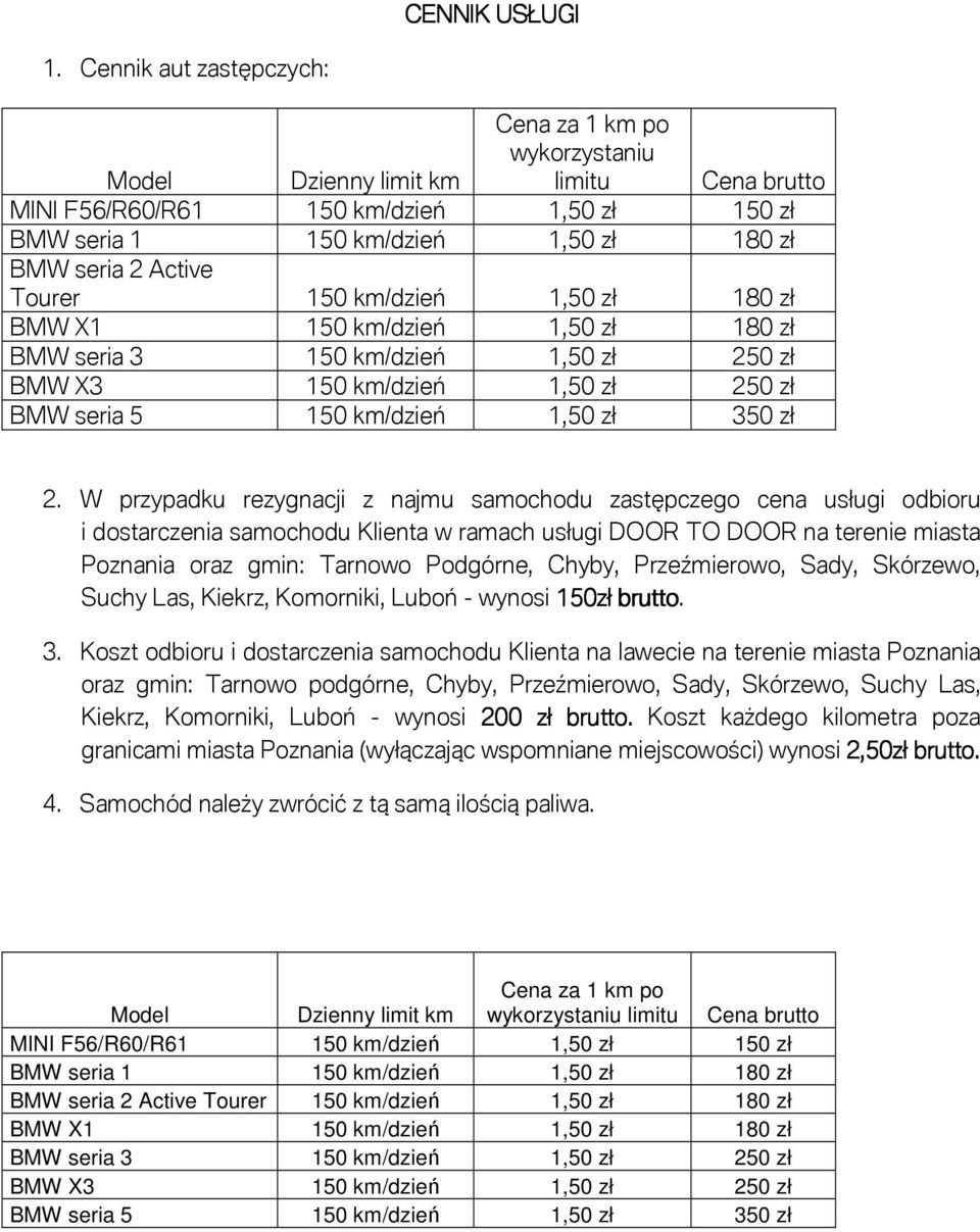 Tourer 150 km/dzień 1,50 zł 180 zł BMW X1 150 km/dzień 1,50 zł 180 zł BMW seria 3 150 km/dzień 1,50 zł 250 zł BMW X3 150 km/dzień 1,50 zł 250 zł BMW seria 5 150 km/dzień 1,50 zł 350 zł 2.