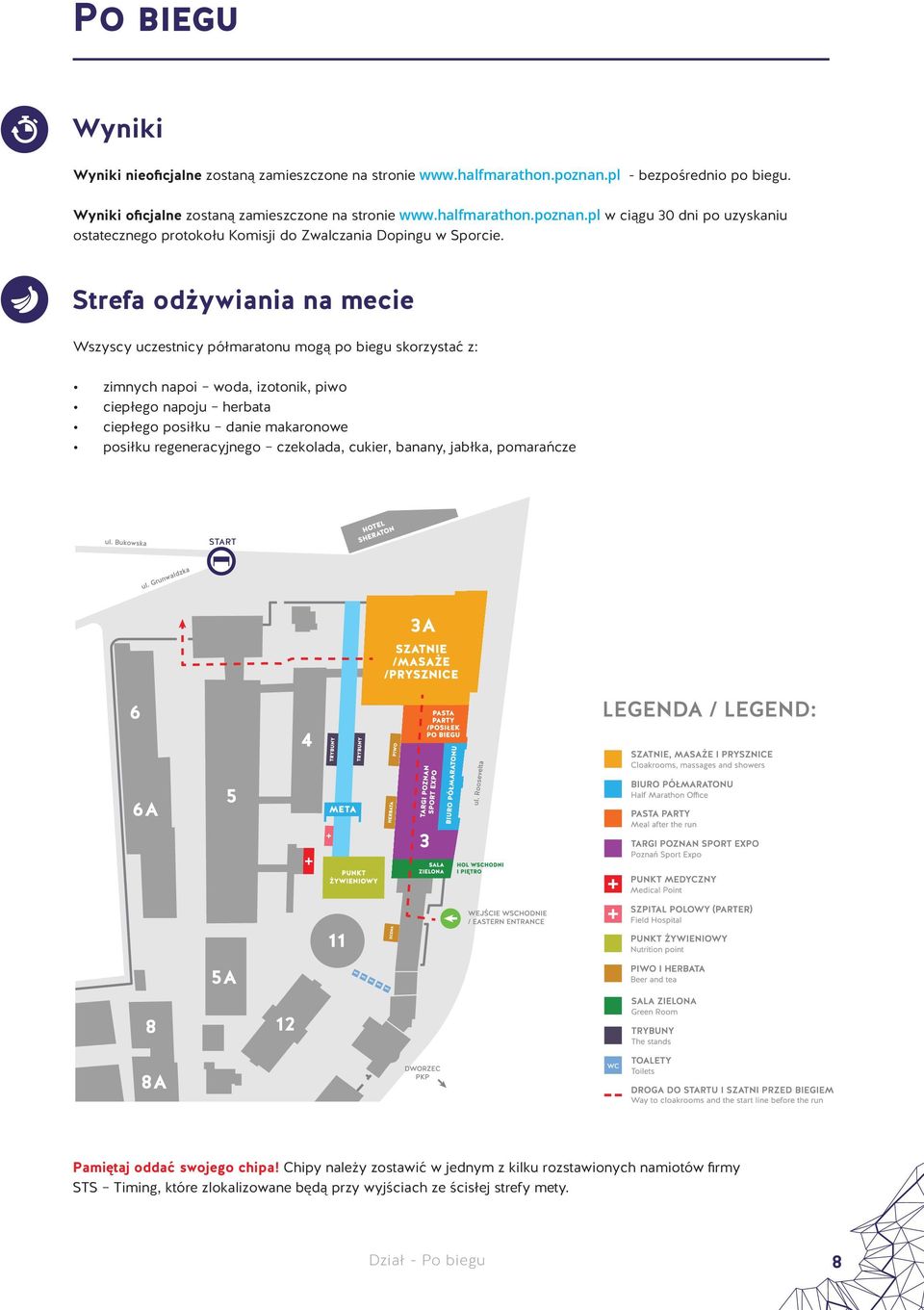 Strefa odżywiania na mecie Wszyscy uczestnicy półmaratonu mogą po biegu skorzystać z: zimnych napoi woda, izotonik, piwo ciepłego napoju herbata ciepłego posiłku danie makaronowe