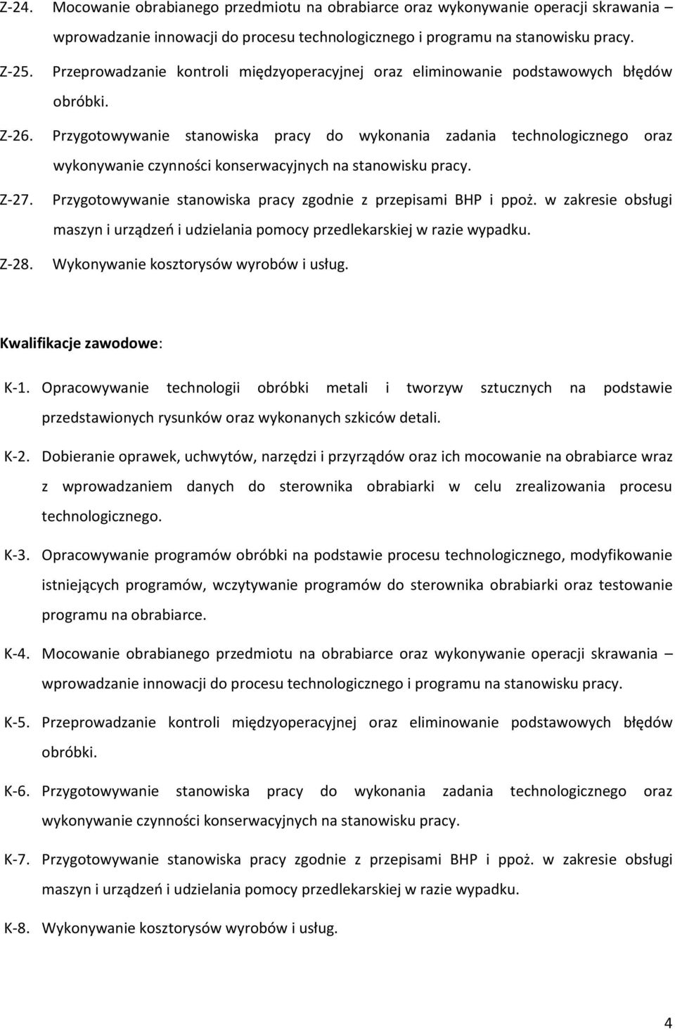 Przygotowywanie stanowiska pracy do wykonania zadania technologicznego oraz wykonywanie czynności konserwacyjnych na stanowisku pracy. Z-27. Z-28.
