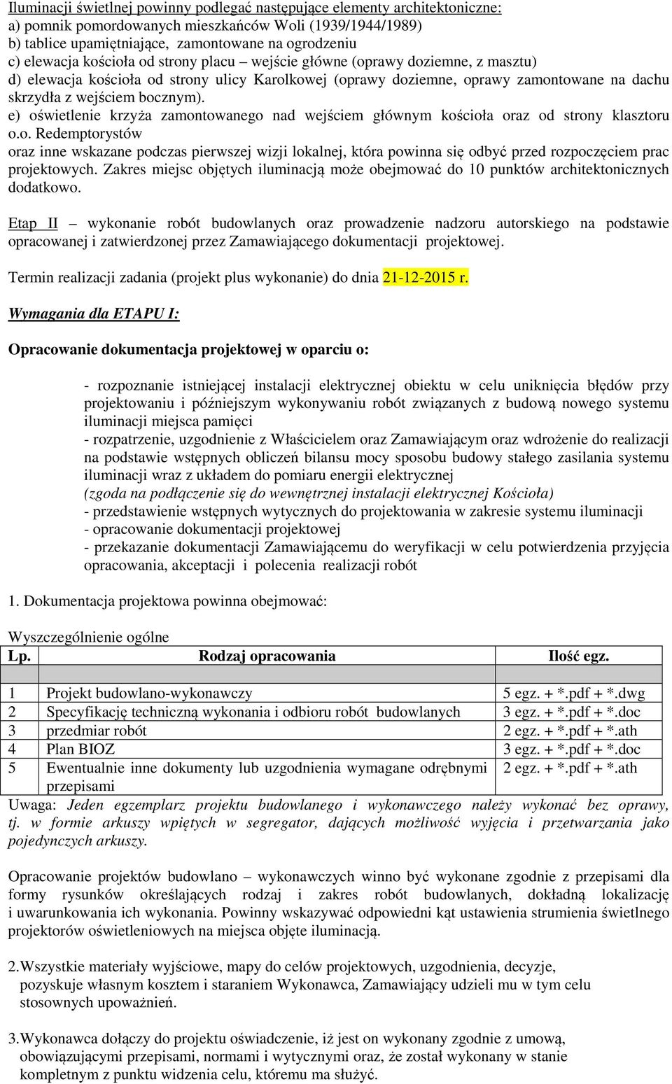 e) oświetlenie krzyża zamontowanego nad wejściem głównym kościoła oraz od strony klasztoru o.o. Redemptorystów oraz inne wskazane podczas pierwszej wizji lokalnej, która powinna się odbyć przed rozpoczęciem prac projektowych.