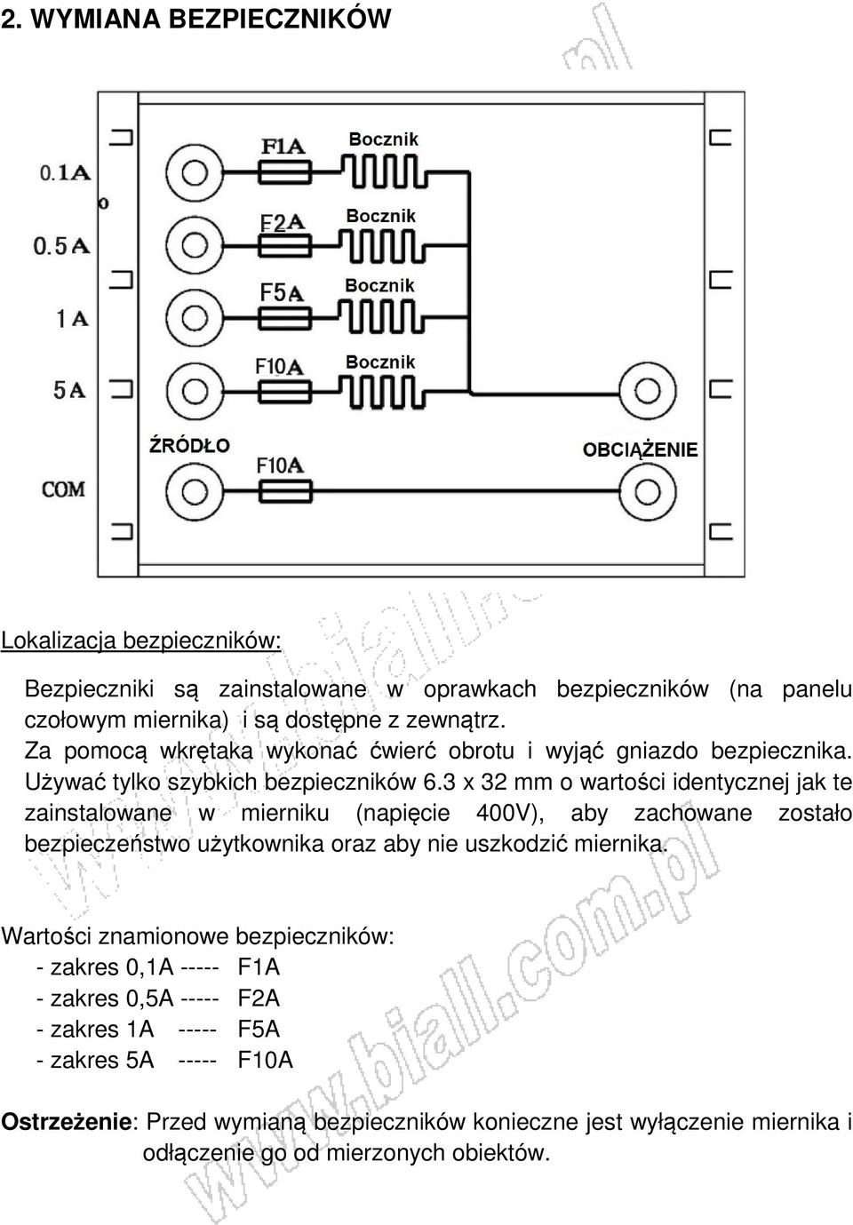 3 x 32 mm o wartości identycznej jak te zainstalowane w mierniku (napięcie 400V), aby zachowane zostało bezpieczeństwo użytkownika oraz aby nie uszkodzić miernika.