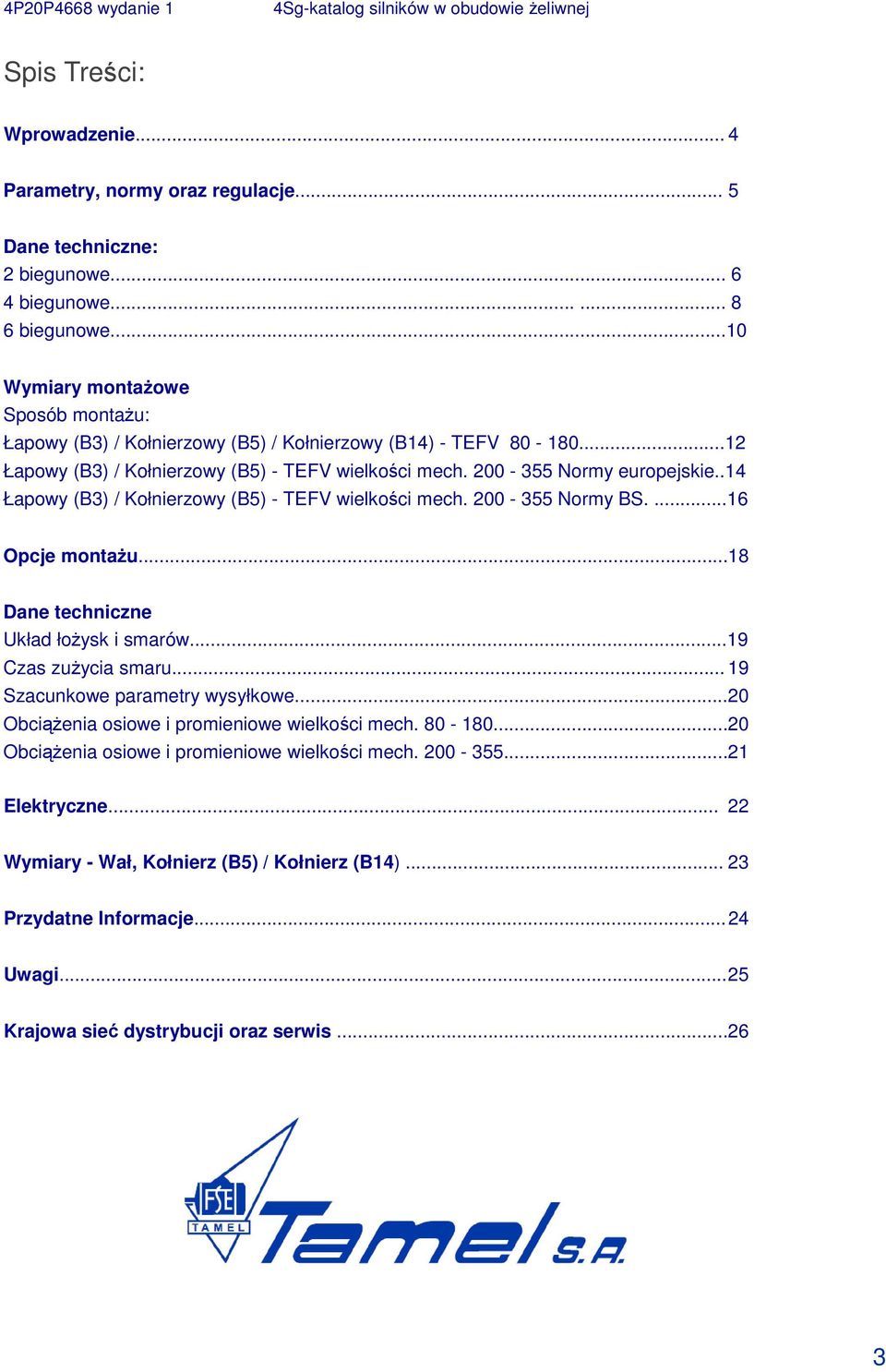 .14 Łapowy (B3) / Kołnierzowy (B5) - TEFV wielkości mech. 200-355 Normy BS....16 Opcje montażu...18 Dane techniczne Układ łożysk i smarów...19 Czas zużycia smaru... 19 Szacunkowe parametry wysyłkowe.