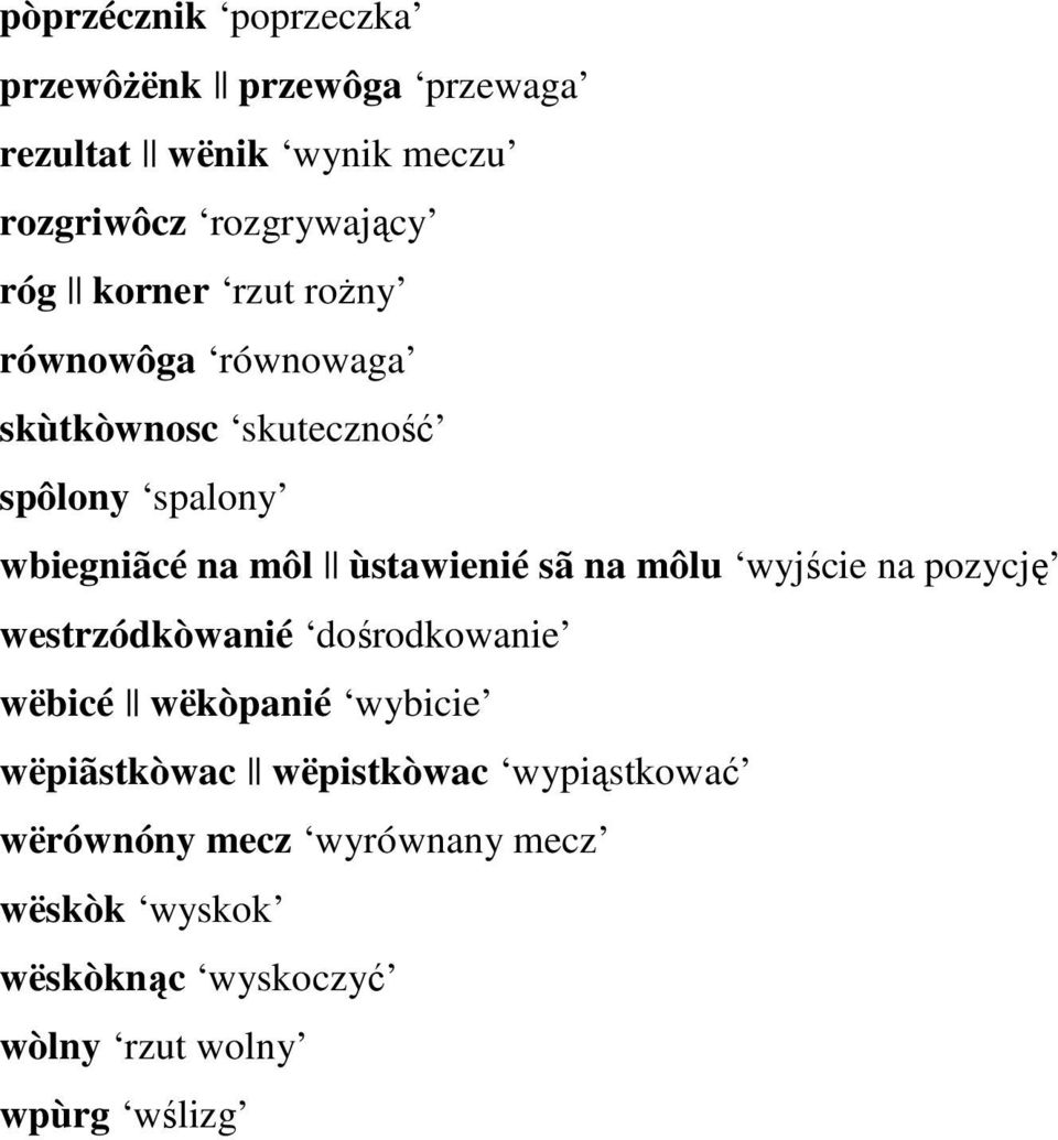 sã na môlu wyjście na pozycję westrzódkòwanié dośrodkowanie wëbicé wëkòpanié wybicie wëpiãstkòwac
