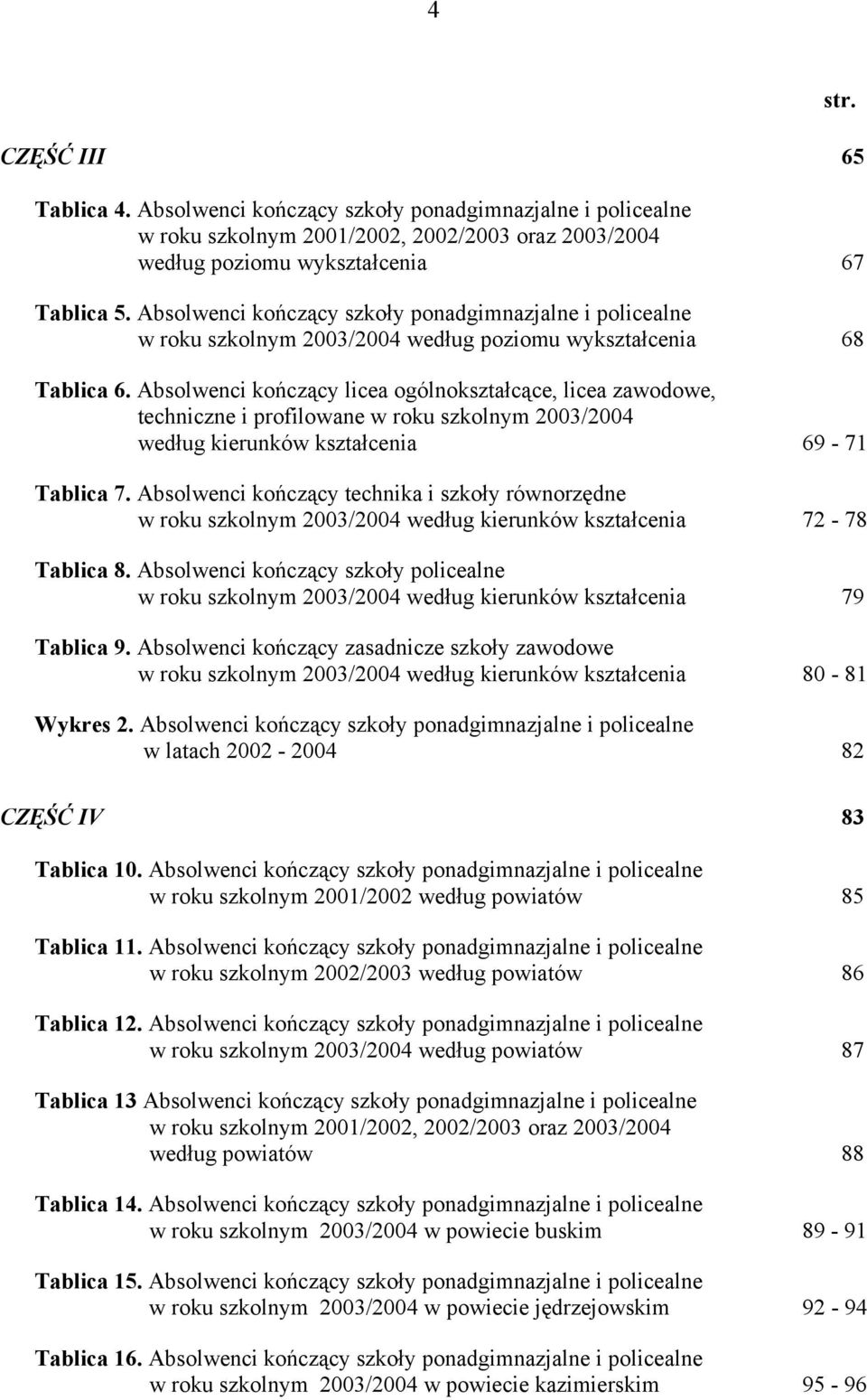 Absolwenci kończący licea ogólnokształcące, licea zawodowe, techniczne i profilowane w roku szkolnym 2003/2004 według kierunków kształcenia 69-71 Tablica 7.