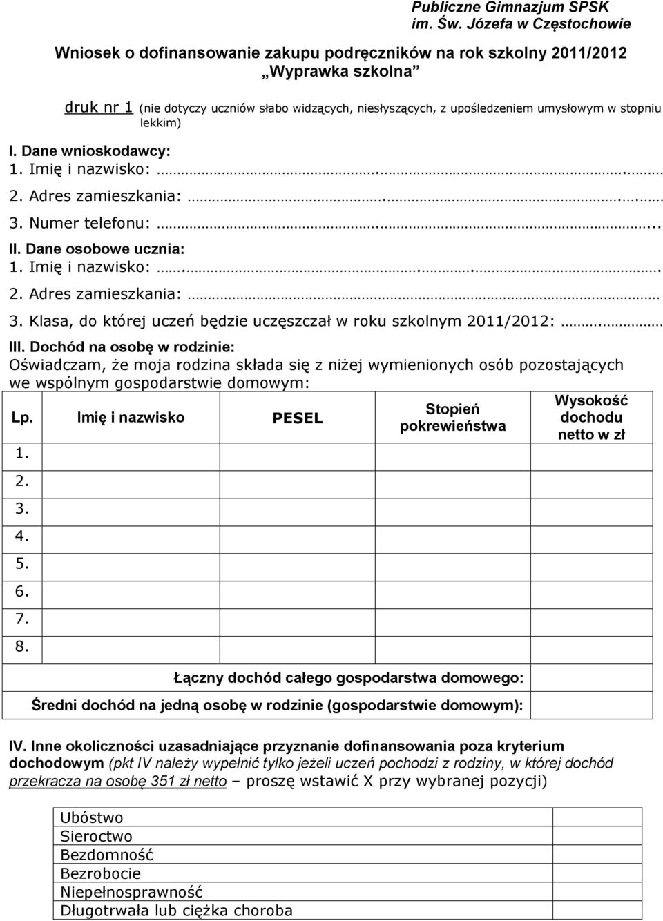 stopniu lekkim) I. Dane wnioskodawcy: 1. Imię i nazwisko:.. 2. Adres zamieszkania:... 3. Numer telefonu:.... II. Dane osobowe ucznia: 1. Imię i nazwisko:.... 2. Adres zamieszkania: 3.