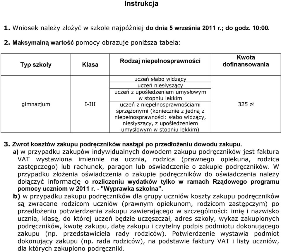 Maksymalną wartość pomocy obrazuje poniższa tabela: Typ szkoły Klasa Rodzaj niepełnosprawności Kwota dofinansowania gimnazjum I-III uczeń słabo widzący uczeń niesłyszący uczeń z upośledzeniem