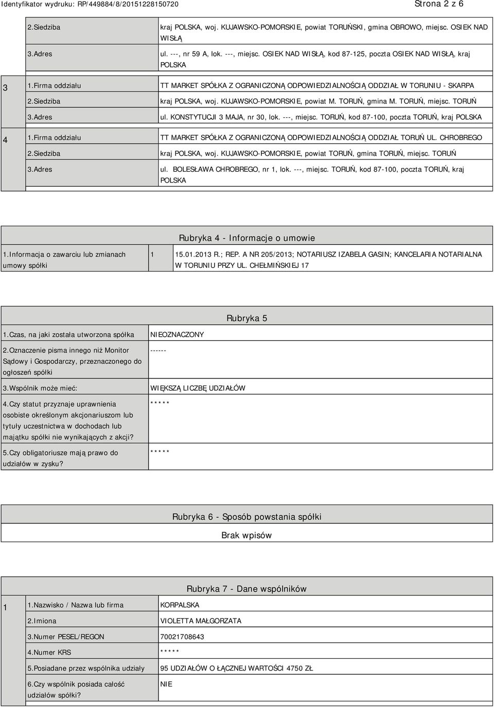 KUJAWSKO-POMORSKIE, powiat M. TORUŃ, gmina M. TORUŃ, miejsc. TORUŃ ul. KONSTYTUCJI 3 MAJA, nr 30, lok. ---, miejsc. TORUŃ, kod 87-100, poczta TORUŃ, kraj POLSKA 4 1.