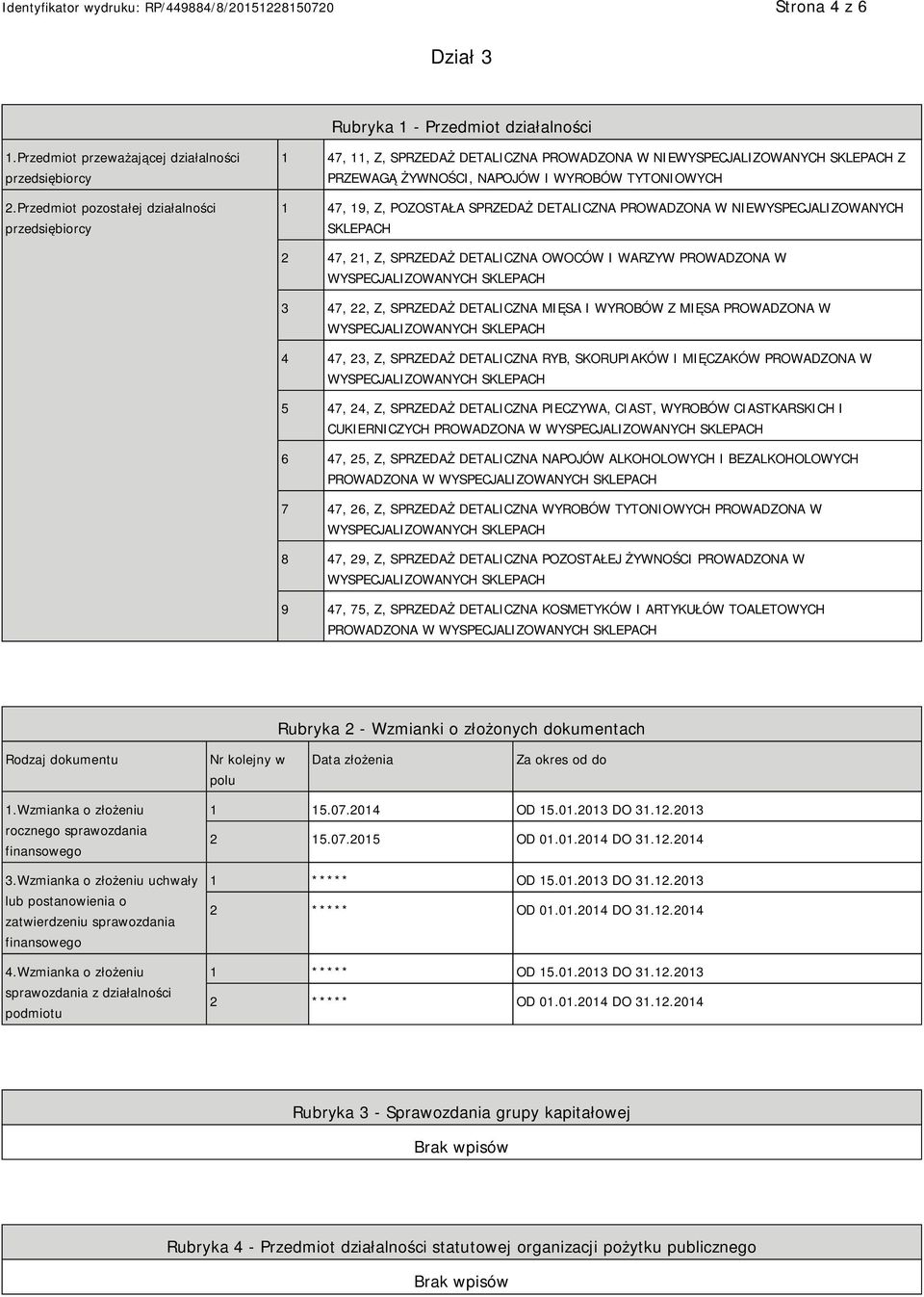 W WYSPECJALIZOWANYCH SKLEPACH 2 47, 21, Z, SPRZEDAŻ DETALICZNA OWOCÓW I WARZYW PROWADZONA W 3 47, 22, Z, SPRZEDAŻ DETALICZNA MIĘSA I WYROBÓW Z MIĘSA PROWADZONA W 4 47, 23, Z, SPRZEDAŻ DETALICZNA RYB,