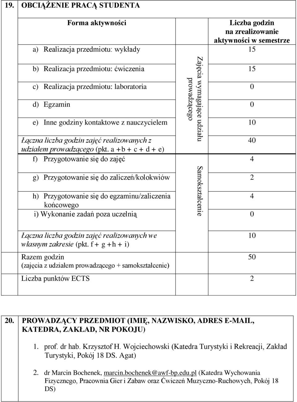 Egzamin 0 e) Inne godziny kontaktowe z nauczycielem 10 Łączna liczba godzin zajęć realizowanych z udziałem prowadzącego (pkt.