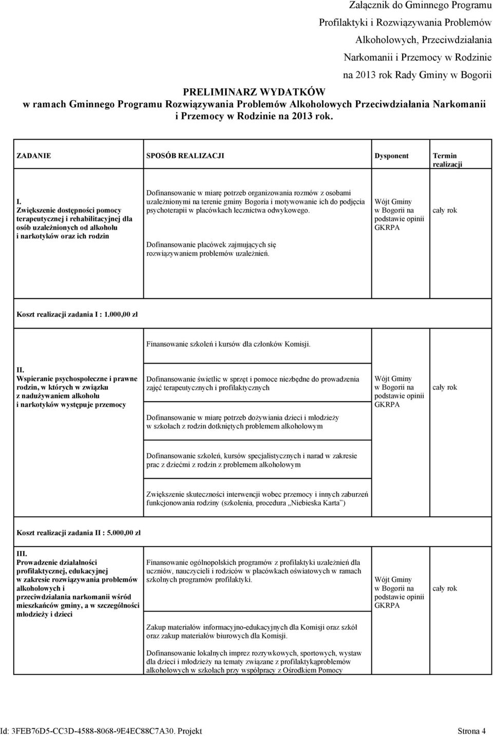 Zwiększenie dostępności pomocy terapeutycznej i rehabilitacyjnej dla osób uzależnionych od alkoholu i narkotyków oraz ich rodzin Dofinansowanie w miarę potrzeb organizowania rozmów z osobami