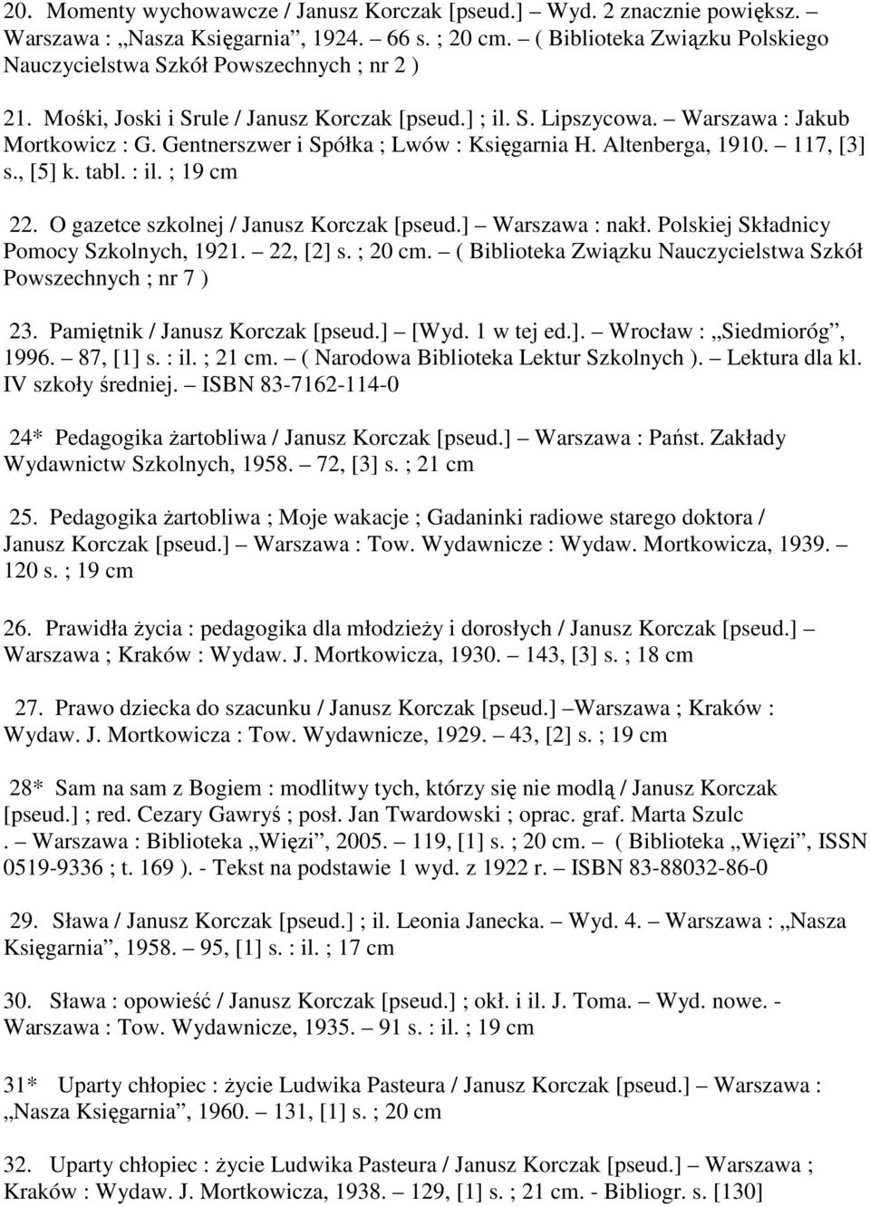 Gentnerszwer i Spółka ; Lwów : Księgarnia H. Altenberga, 1910. 117, [3] s., [5] k. tabl. : il. ; 19 cm 22. O gazetce szkolnej / Janusz Korczak [pseud.] Warszawa : nakł.