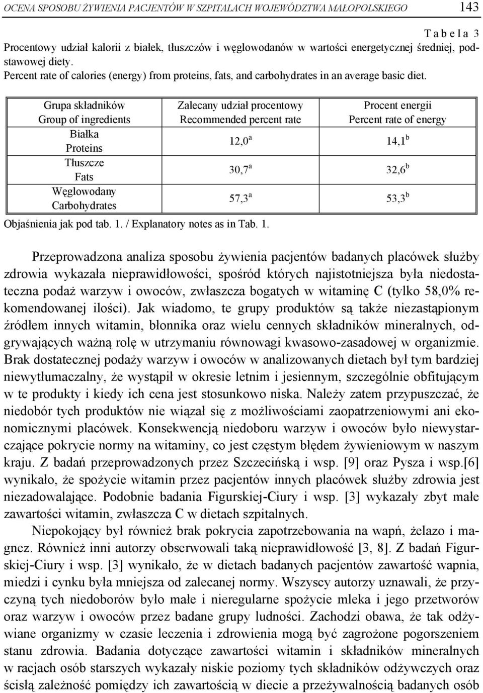 Grupa składników Group of ingredients Białka Proteins Tłuszcze Fats Węglowodany Carbohydrates Zalecany udział procentowy Recommended percent rate Objaśnienia jak pod tab. 1.