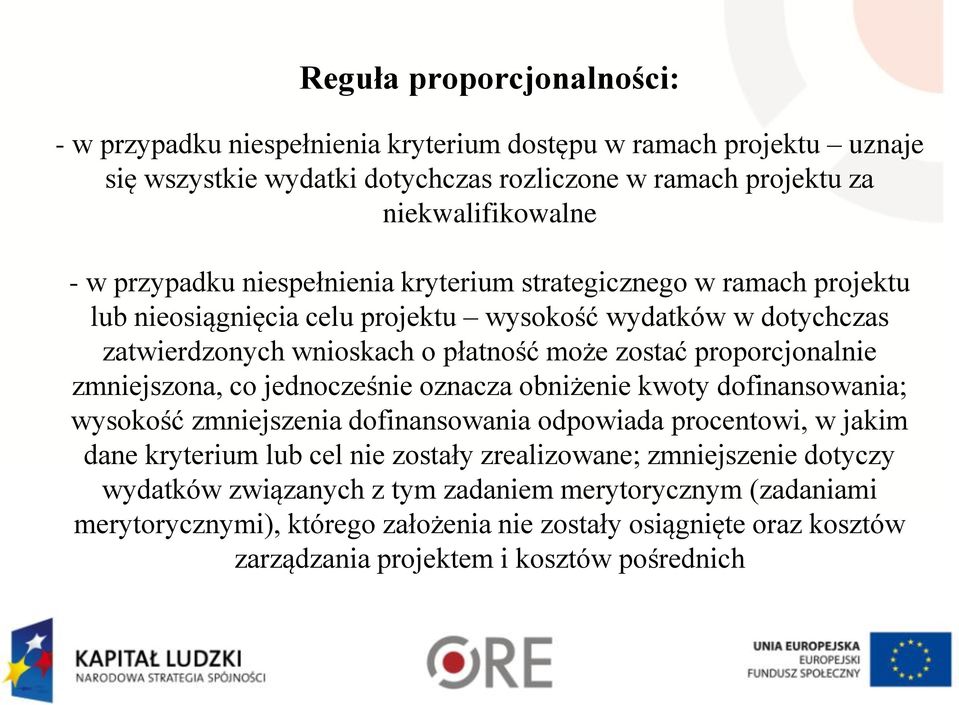 proporcjonalnie zmniejszona, co jednocześnie oznacza obniżenie kwoty dofinansowania; wysokość zmniejszenia dofinansowania odpowiada procentowi, w jakim dane kryterium lub cel nie zostały