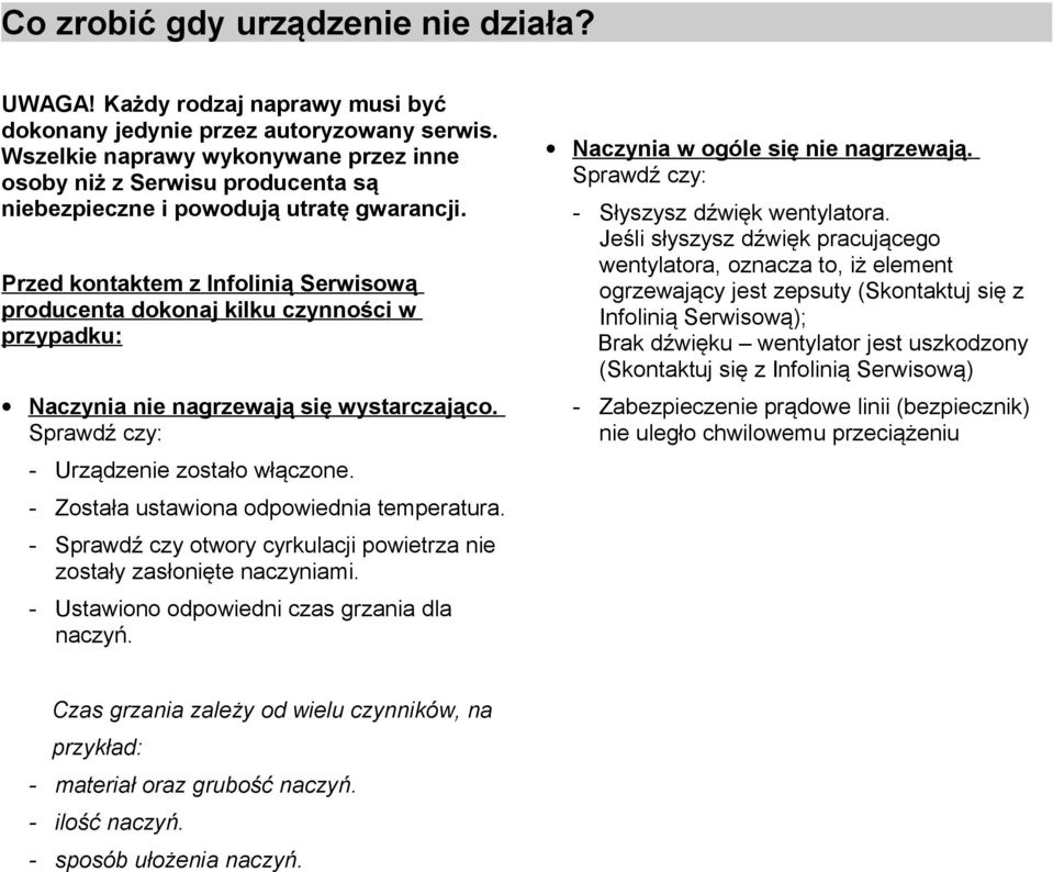 Przed kontaktem z Infolinią Serwisową producenta dokonaj kilku czynności w przypadku: Naczynia nie nagrzewają się wystarczająco. Sprawdź czy: - Urządzenie zostało włączone.