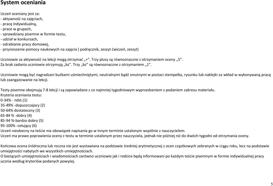 Za brak zadania uczniowie otrzymują bz. Trzy bz są równoznaczne z otrzymaniem 1.