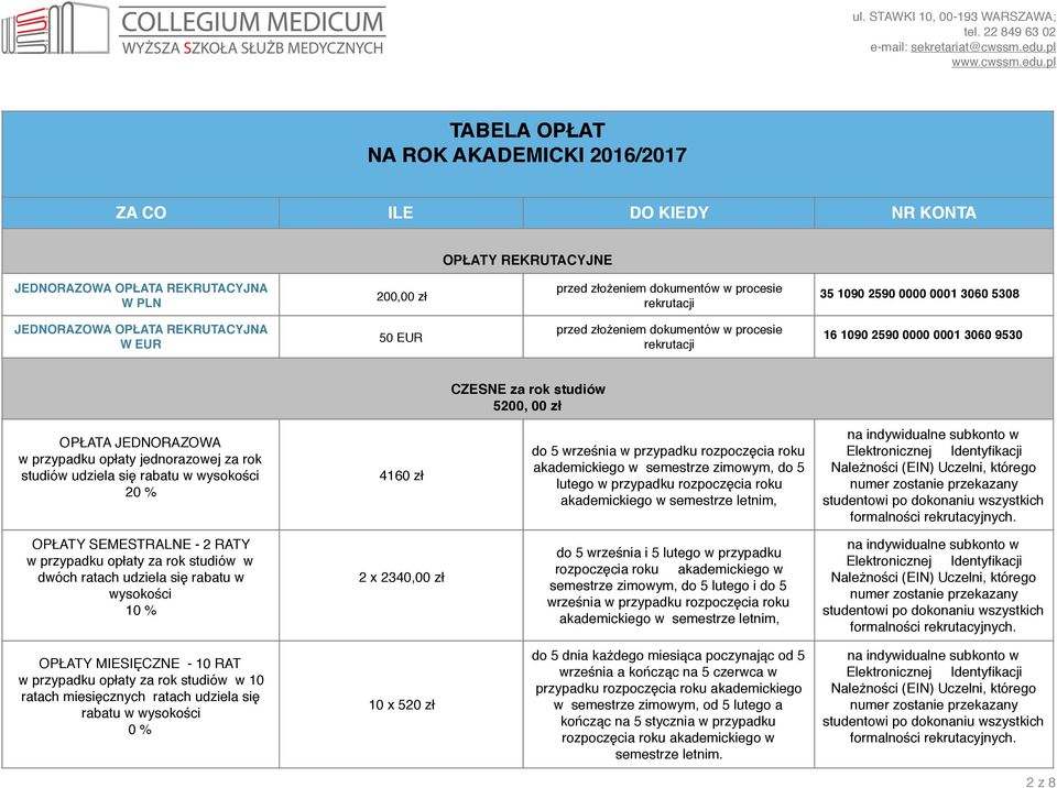 JEDNORAZOWA w przypadku opłaty jednorazowej za rok studiów udziela się rabatu w wysokości 20 % 4160 zł do 5 września w przypadku rozpoczęcia roku akademickiego w semestrze zimowym, do 5 lutego w