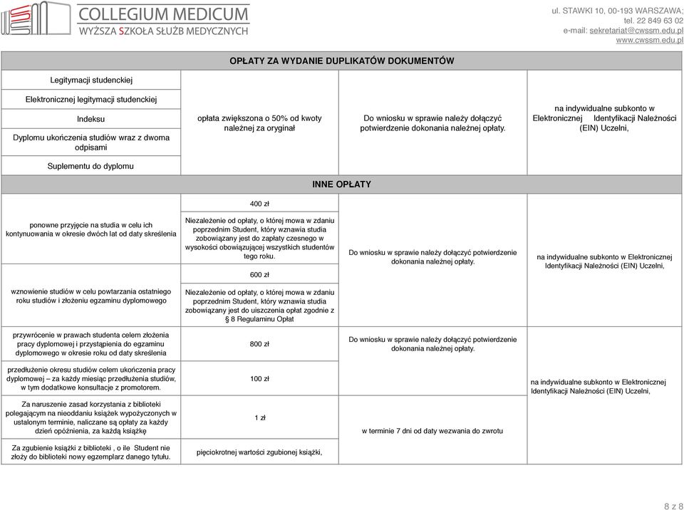 Należności (EIN) Uczelni, Suplementu do dyplomu INNE OPŁATY 400 zł ponowne przyjęcie na studia w celu ich kontynuowania w okresie dwóch lat od daty skreślenia Niezależenie od opłaty, o której mowa w