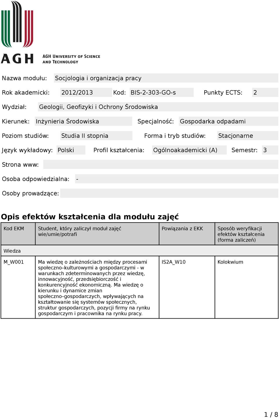 odpowiedzialna: - Osoby prowadzące: Opis efektów kształcenia dla modułu zajęć Kod EKM Student, który zaliczył moduł zajęć wie/umie/potrafi Powiązania z EKK Sposób weryfikacji efektów kształcenia