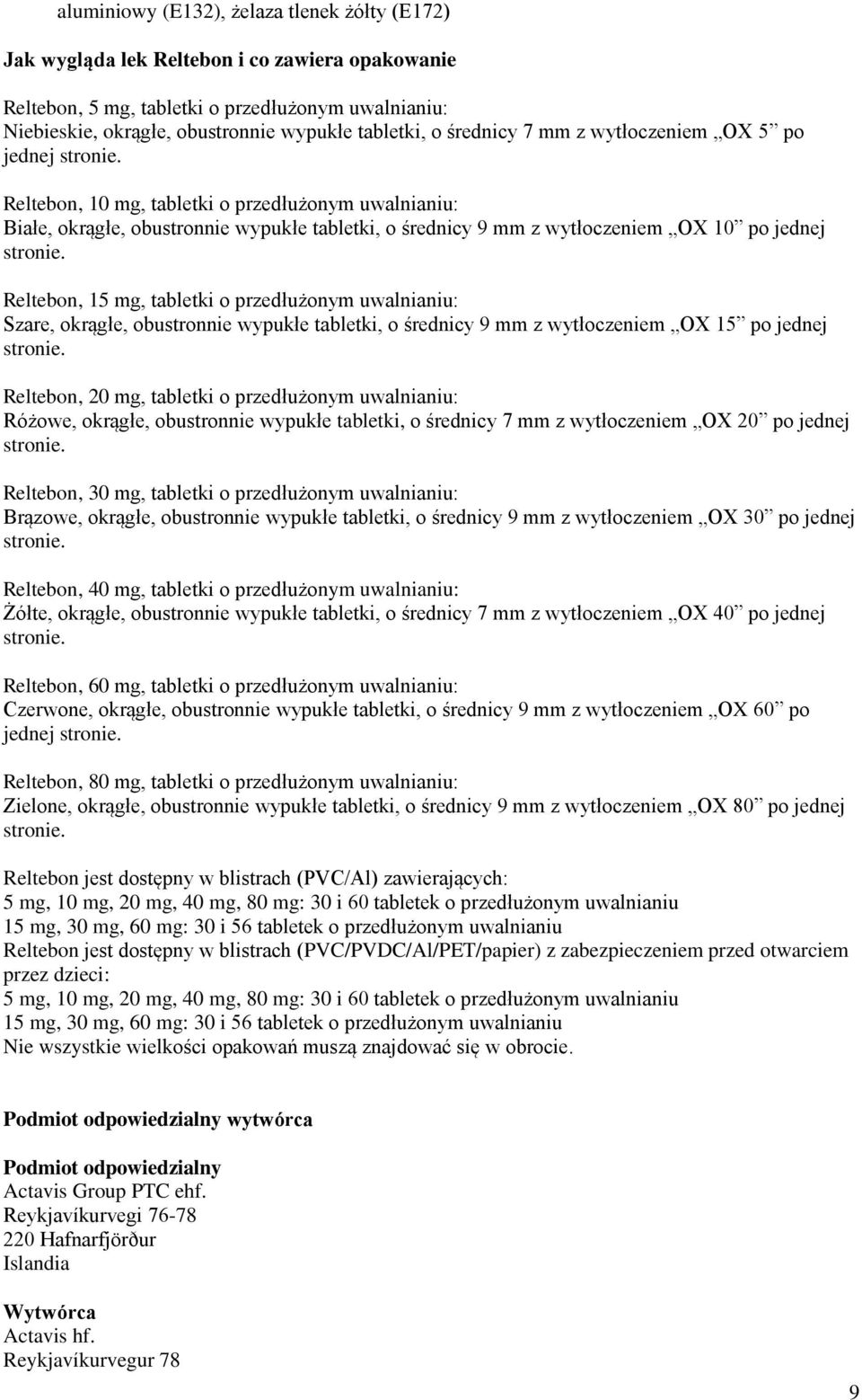 15 mg, tabletki o przedłużonym uwalnianiu: Szare, okrągłe, obustronnie wypukłe tabletki, o średnicy 9 mm z wytłoczeniem OX 15 po jednej Reltebon, 20 mg, tabletki o przedłużonym uwalnianiu: Różowe,