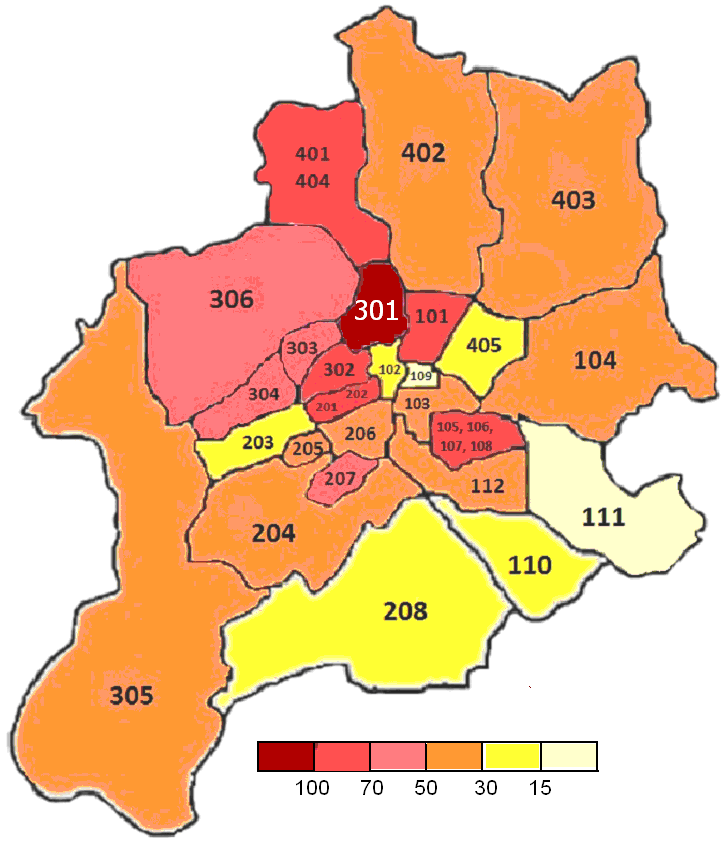 część południowa (12), Stare Bielsko (11), Górne Przedmieście (10) i osiedle Złote Łany część centralna (10).