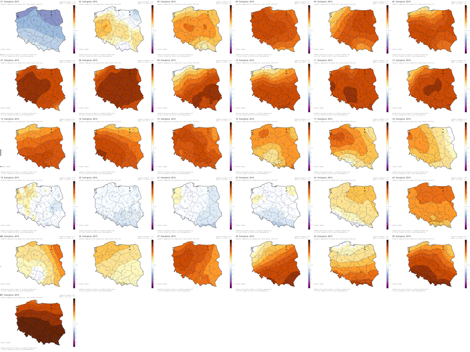 Powyżej: anomalie dobowe temperatury (okres bazowy 1981-2010) w sierpniu 2015. Kliknij aby powiększyć.