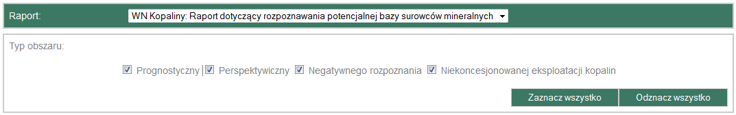 3. Wybór opcji raportu. W zależności od rodzaju wybranego raportu opcje te są różne. 4. Definicja typu obszaru tzn.