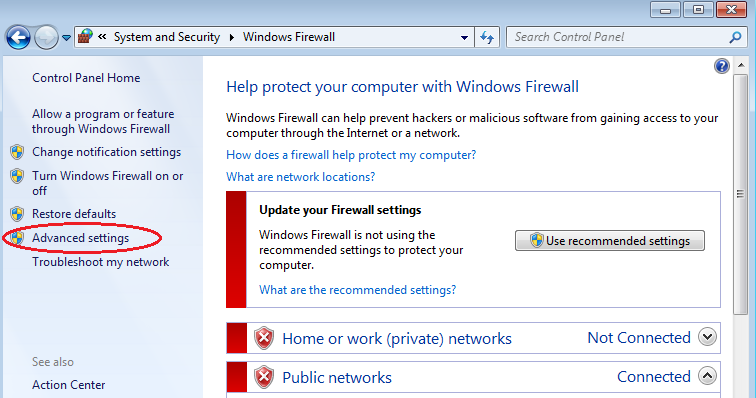 b. W oknie System i zabezpieczenia, kliknij Windows Firewall (Zapora systemu Windows). c. W lewym panelu okna Zapora systemu Windows, kliknij Advanced settings (Ustawienia zaawansowane). d.