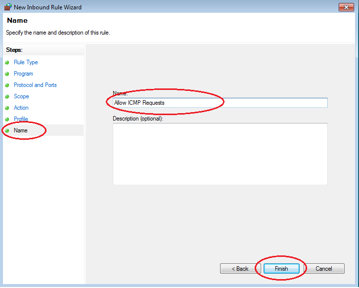 g. W lewym panelu, kliknij opcję Name (Nazwa) i w polu Name (Nazwa) wpisz Allow ICMP Requests. Kliknij Finish (Zakończ).