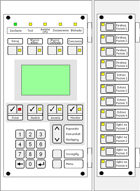 Panel operatora z wyświetlaczem LCD Centrala EST-3 jest wyposażona w panel operatora 3-LCD z wbudowanym wyświetlaczem ciekłokrystalicznym, przyciskami funkcyjnymi i klawiaturą alfanumeryczną.