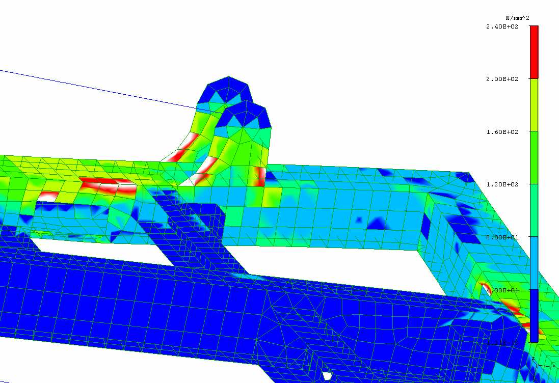 Distribution of stresses in calculation model of gate device when the scale is limited to 300 MPa side view on the part of construction of loading frame Rys. 7.