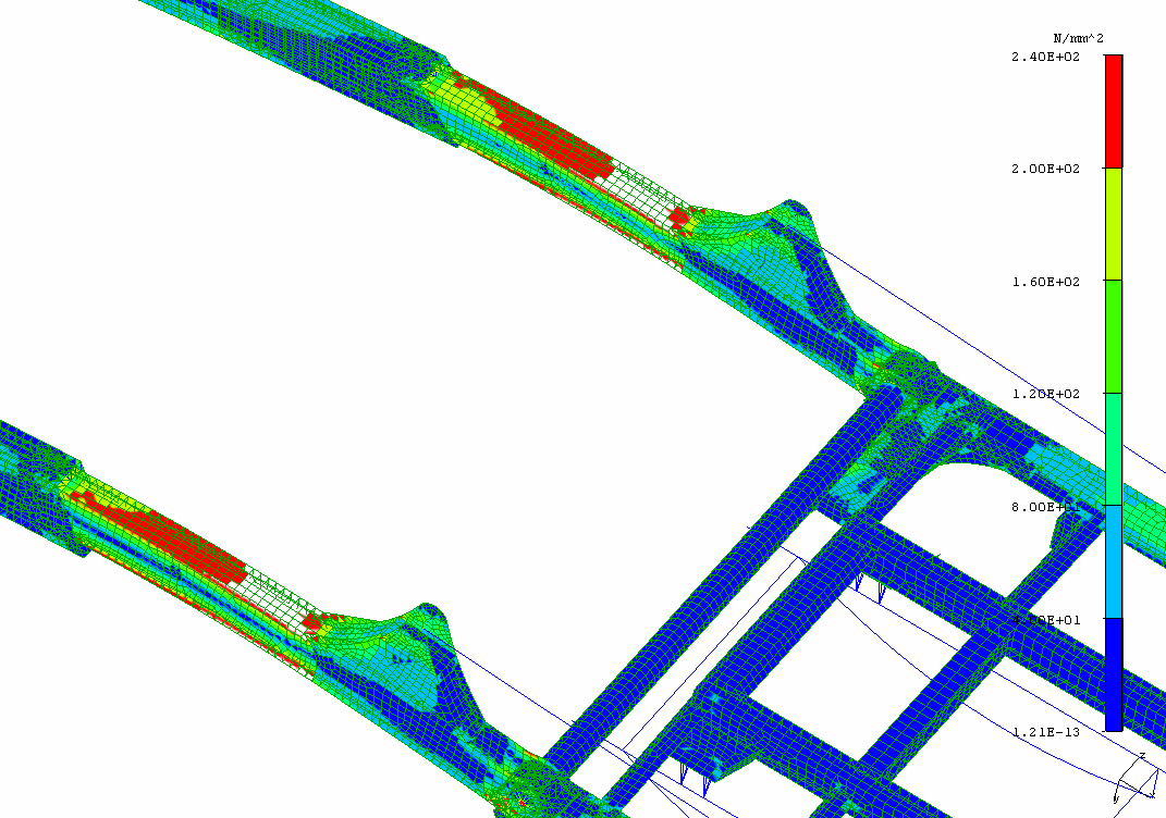 Rys. 5. Rozkład napręŝeń w modelu obliczeniowym urządzenia bramowego przy ograniczeniu skali do 240 MPa Fig. 5. Distribution of stresses in calculation model of gate device when the scale is limited to 240 MPa Rys.