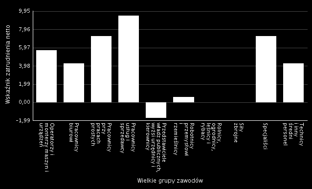 Wskaźnik zatrudnienia netto ogółem przyjął wartość 24,67. Obliczono go też dla każdej z wielkich grup zawodów.