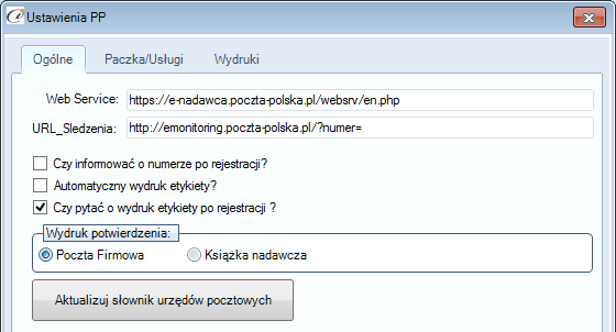 2.3.1.1. Ogólne W pierwsze dwa pola tekstowe wpisujemy kolejno adres WebApi serwisu Poczty Polskiej i link do śledzenia nadanych przesyłek.