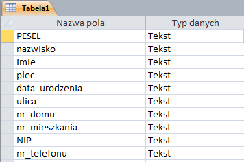 2. W celu utworzenia tabeli: a. otworzyć tabelę w widoku projektu: b.
