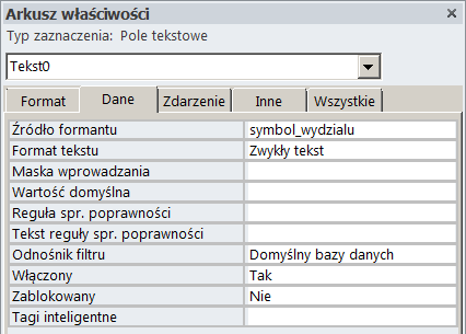 1. Uruchom tryb tworzenia formularza w trybie projektowania: 2. Zwiąż projektowany formularz z tabelą wydzial.