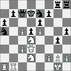 1202.Obrona skandynawska [B01] WIM Rootare (ZSRR) WIM Huguet (Argentyna) 1.e4 d5 2.ed5 Sf6 3.d4 Sd5 4.c4 Sf6 5.Sc3 c6 6.Sf3 Sbd7 7.Ge2 Sb6 8.0 0 Gg4 9.h3 Gf3 10.Gf3 Sc4 11.d5 Se5 12.dc6 Hd1 13.