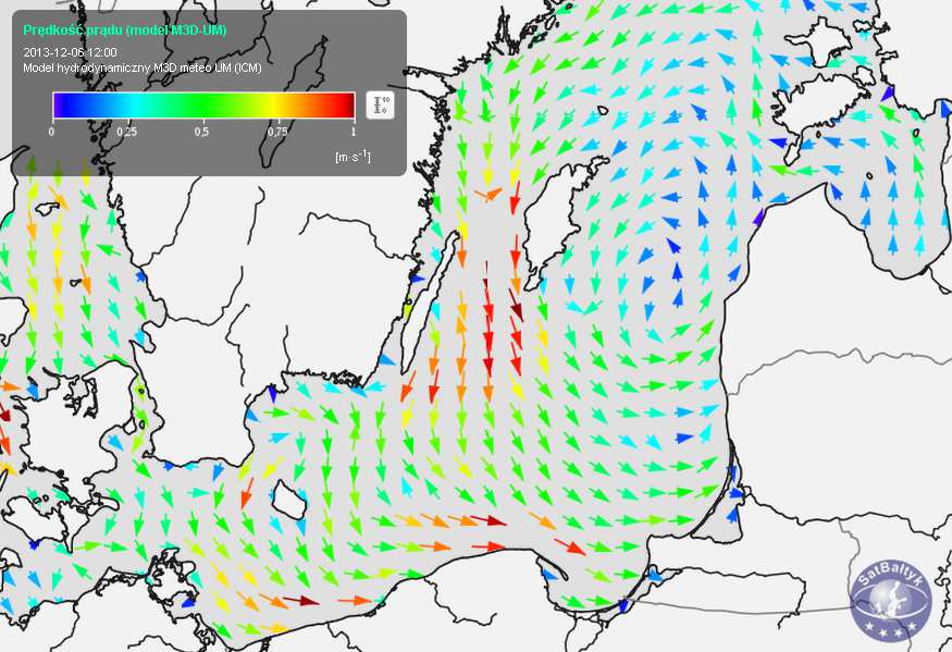 Rys. 16 Prognoza prądów powierzchniowych w podczas sztormu Ksawery w grudniu 2013 roku, obliczona za pomocą modelu PM3D.