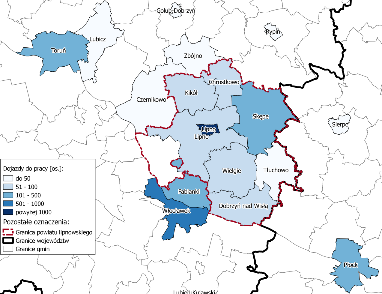 Mapa 7. Dojazdy do pracy mieszkańców powiatu lipnowskiego Źródło: opracowanie własne na podstawie dokumentu "Dojazdy do pracy.