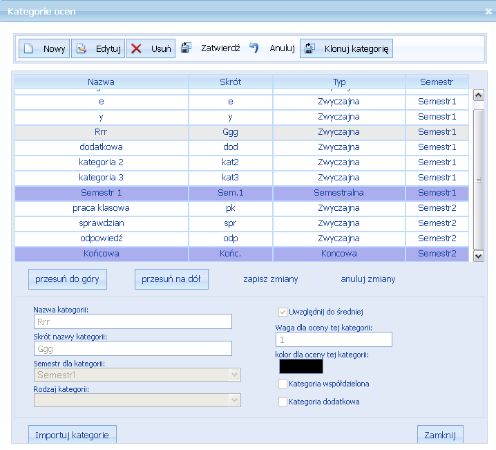 Rysunek 54. Okno edycji kategorii ocen. Po zdefiniowaniu kategorii w jednym z dzienników można je przenieść do innych dzienników.