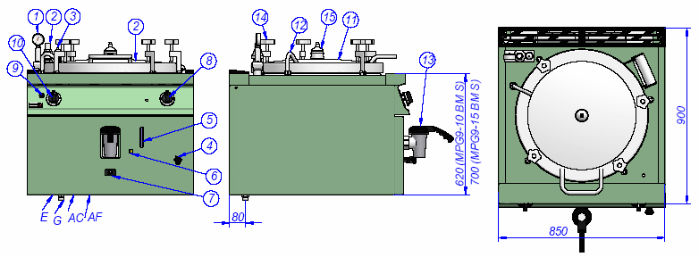 MPG9-10 S, MPG9-15 S, MPG9-20 S G: przyłącze gazu AF: zimna woda ¾ AC: ciepła woda ¾ E; przyłącze elektryczne 1: manometr 2: zawór bezp.
