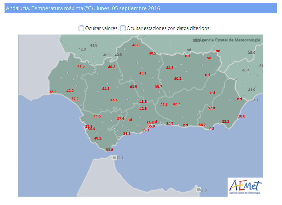 Powyżej: dotychczasowa rekordowa temperatura września w Kordobie padła 7 września 1988 i wyniosła 43.8 C. Źródło: AEMET.