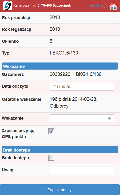 Po wejściu w konkretny zbiór (rysunek z lewej), Użytkownik wybiera punkt oraz wpisuje aktualne wskazanie lub jeśli odczyt nie jest możliwy wybiera opcję Brak dostępu (rysunek u